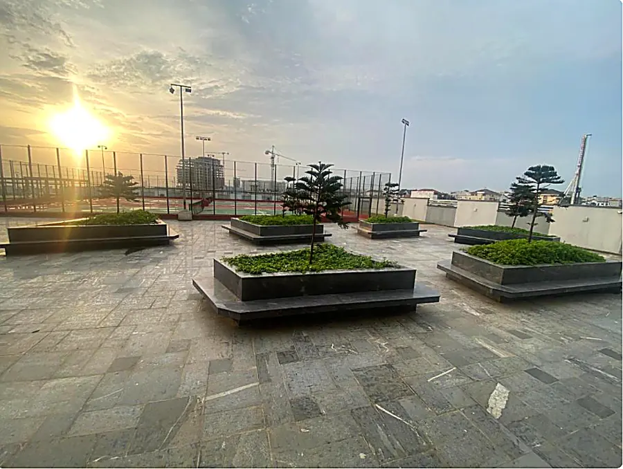 Rooftop terrace with planters at sunset